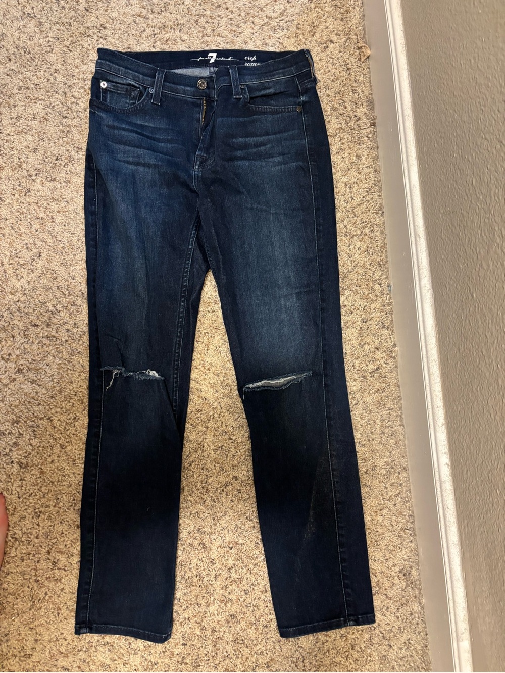 7 For All Mankind Dark Blue Straight Leg Jeans with Knee Rips